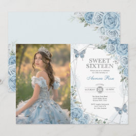 Soft Blue Silver Sweet 16 Butterfly Birthday Photo Inbjudningar