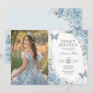 Soft Blue Silver Sweet 16 Butterfly Birthday Photo Inbjudningar