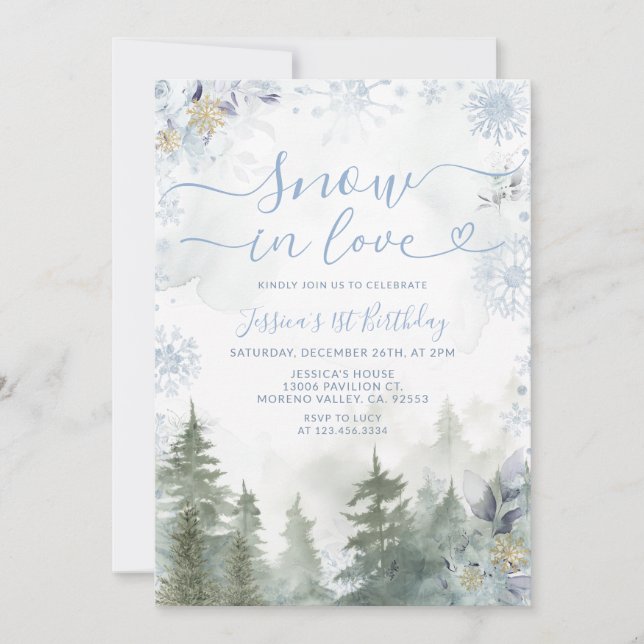 Soft Blue Snowflake In Love Winter Forest Birthday Inbjudningar (Framsida)