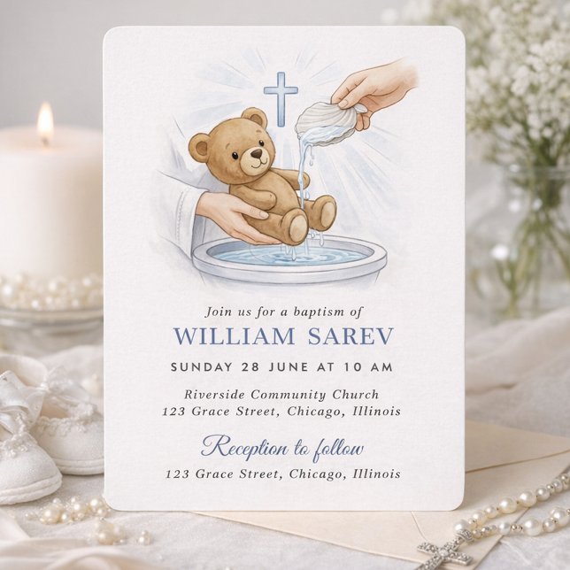 Soft Blue Teddy Bear Baptism  Inbjudningar (Skapare uppladdad)