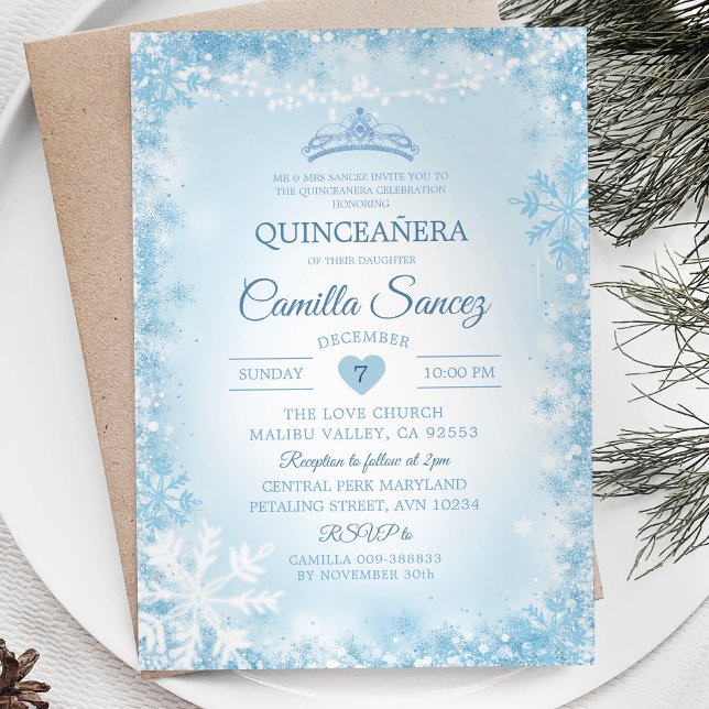 Soft Blue & White Snowflake Winter Quince Inbjudan (Skapare uppladdad)