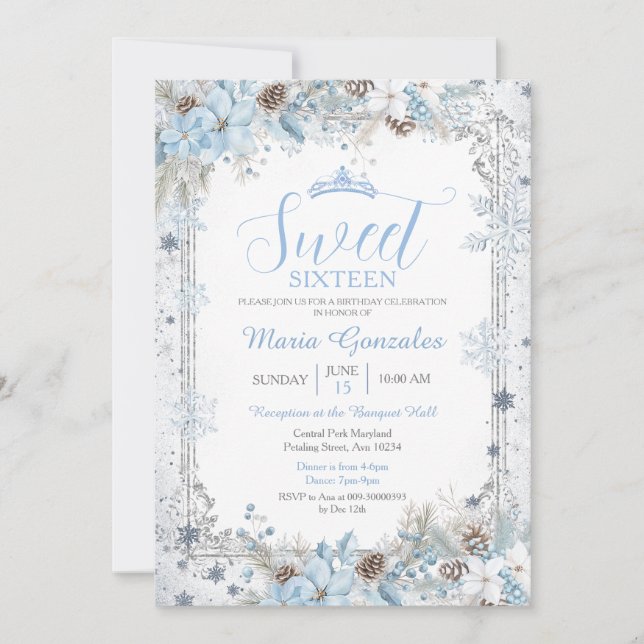 Soft Blue Winter Floral Christmas Sweet Sixteen Inbjudningar (Framsida)