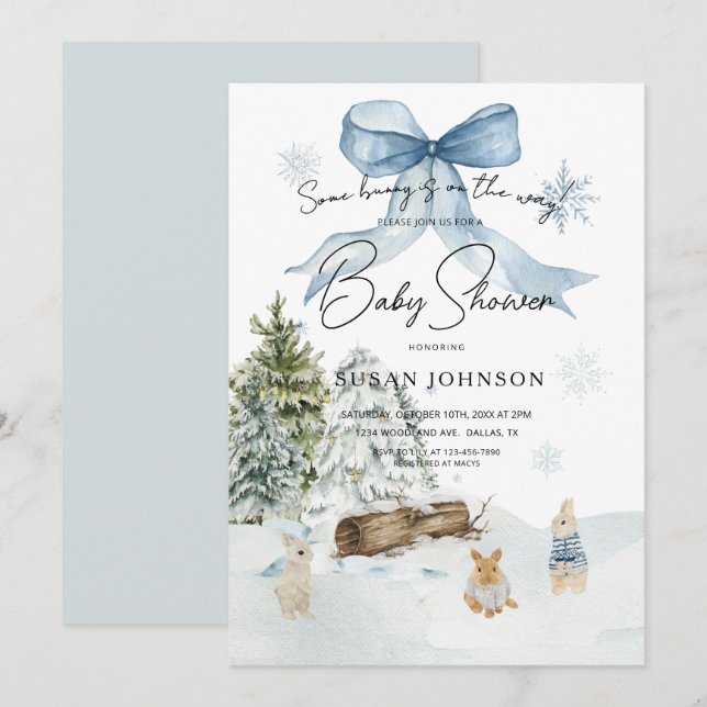 Soft Blue Winter Wonderland Bunny Bow Baby Shower Inbjudningar (Fram/baksida)