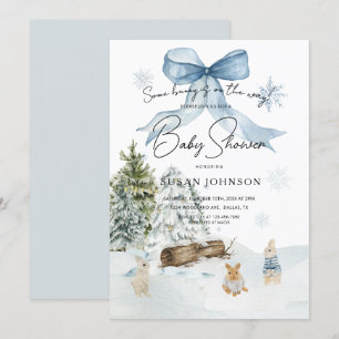 Soft Blue Winter Wonderland Bunny Bow Baby Shower Inbjudningar