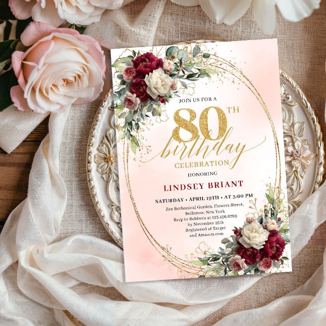 Soft Blush Boho Floral 80th Birthday Party Invite Inbjudningar (Soft Blush Boho Floral 80th Birthday Party Invitation)