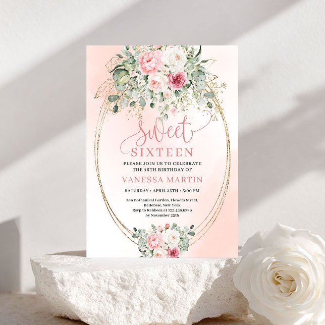 Soft Blush Floral Greenery Sweet Sixteen Invitatio Inbjudningar (Soft Blush Floral Greenery Sweet Sixteen Invitation)