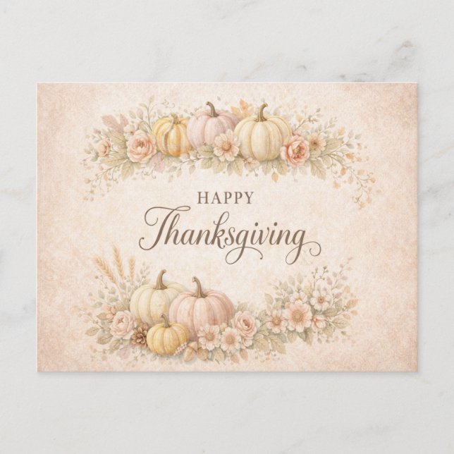 Soft Blush Floral Happy Thanksgiving Pumpkin  Helg Vykort (Framsida)