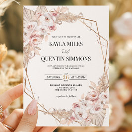 Soft Blush Pampas Grass Boho Gold Geometric Frame Inbjudningar