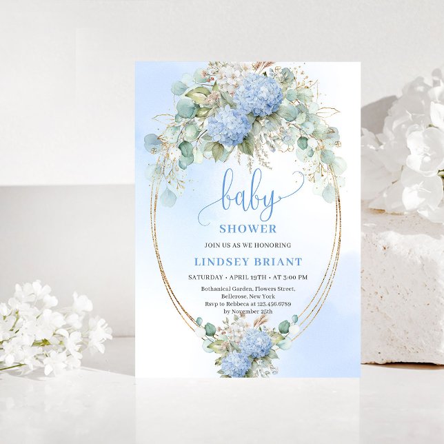 Soft Boho Blue Floral Baby Shower Gold Invitation Inbjudningar (Soft Boho Blue Floral Baby Shower Gold Invitation)