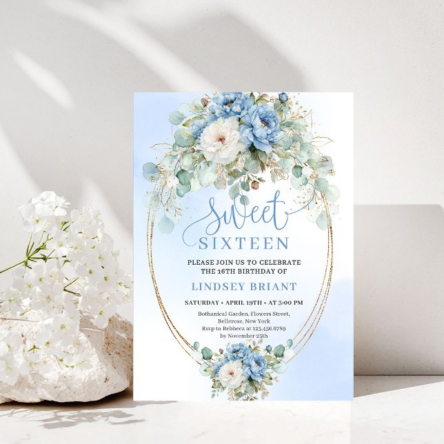 Soft Boho Dusty Blue Floral Gold Sweet 16 Birthday Inbjudningar (Soft Dusty Blue Floral Gold Sweet 16 Birthday Party Invite)