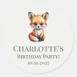 Soft Boho Grönt Woodland Fox Birthday med Namn Runt Klistermärke