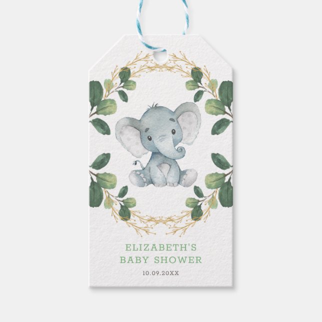 Soft Botanical Greenery Elephant Coed Baby Shower Presentetikett (Framsidan)