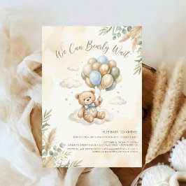 Soft Brown and Sage Balloon Teddy Bear Baby Shower Inbjudningar