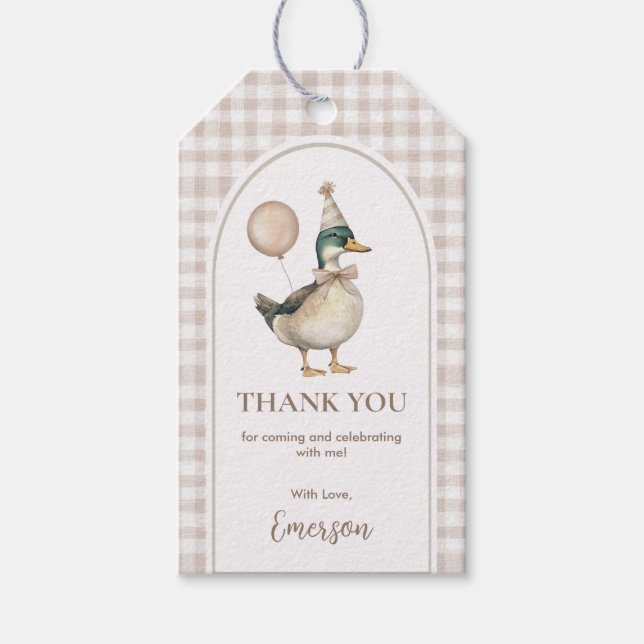 Soft Brown Gingham One Lucky Anka Balloon Birthday Presentetikett (Framsidan)