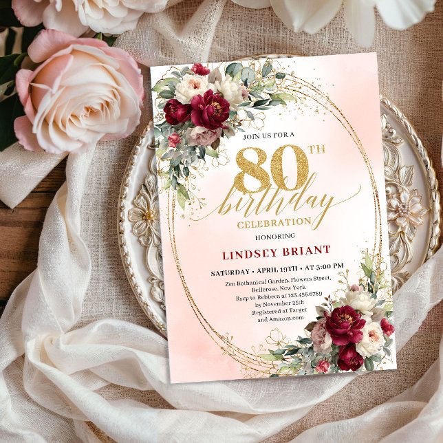 Soft Burgundy Bohemian Floral 80th Birthday Invite Inbjudningar (Soft Burgundy Bohemian Floral 80th Birthday Invitation)