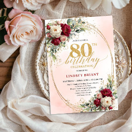 Soft Burgundy Floral Gold 80th Birthday Invitation Inbjudningar