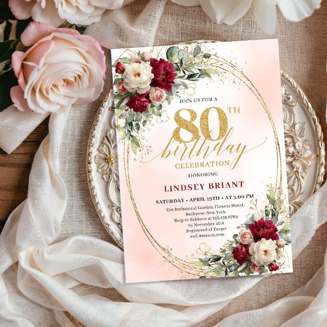 Soft Burgundy Floral Gold 80th Birthday Invitation Inbjudningar (Soft Burgundy Floral Gold 80th Birthday Invitation)