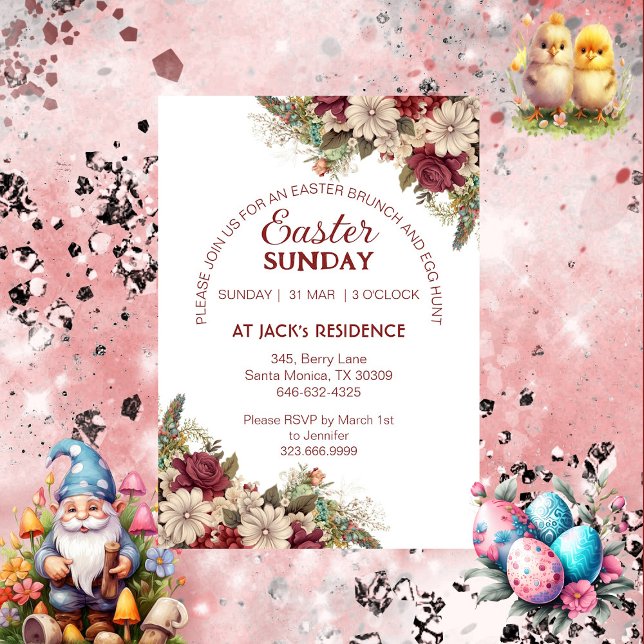 Soft Burgundy Rustic Ro Blommigt Påsk Söndag Inbjudningar (Soft Burgundy Rustic Roses Floral Easter Sunday Invitation)