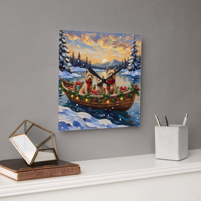 Soft Coated Wheaten Terrier Christmas Boat Holiday Fyrkantig Klocka (Kontor)