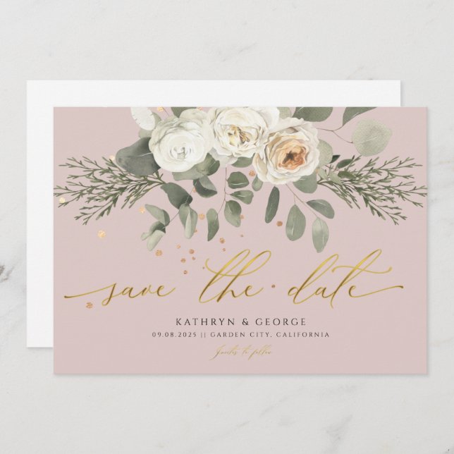 Soft Coral Blommigt Botanical Grey Bröllop Spara Spara Datumet (Fram/baksida)