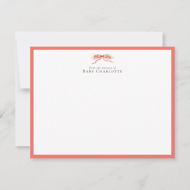 Soft Coral Bow Nursery Note Card – Personalized Anteckningskort (Framsida)