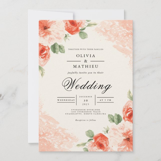 Soft Coral Floral Accent Wedding Inbjudningar (Framsida)