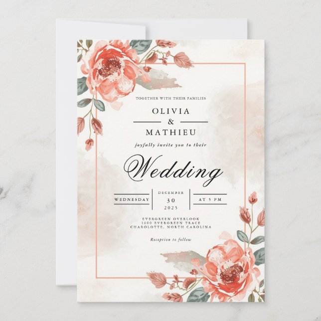 Soft Coral Floral Archway Wedding Inbjudningar (Framsida)