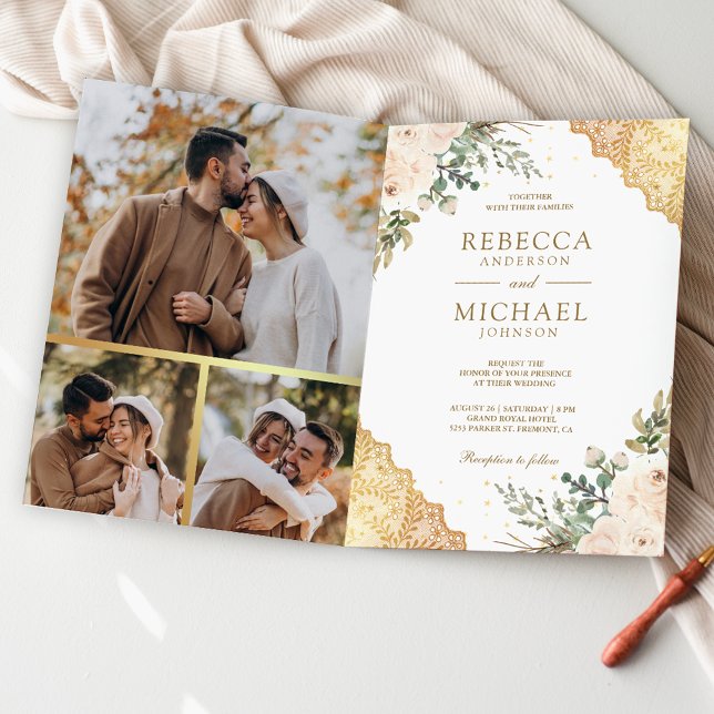 Soft Cream Roses Gold Lace QR Code Wedding Inbjudan (Skapare uppladdad)