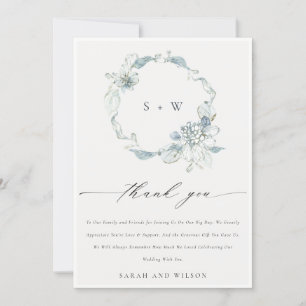 Soft Dusky Blue Blommigt Wandeene Monogram Bröllop Tack Kort