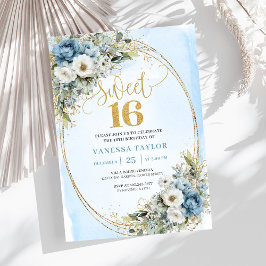 Soft Dusty Blue Floral Gold Sweet Sixteen Invite Inbjudningar