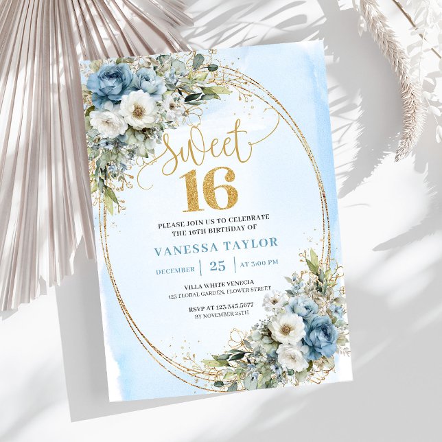 Soft Dusty Blue Floral Gold Sweet Sixteen Invite Inbjudningar (Soft Dusty Blue Floral Gold Sweet Sixteen Invitation)