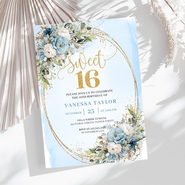 Soft Dusty Blue Floral Gold Sweet Sixteen Invite Inbjudningar (Soft Dusty Blue Floral Gold Sweet Sixteen Invitation)