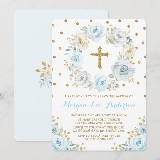 Soft Dusty Blue Guld Blommigt Baptism Christening Inbjudningar (Fram/baksida)
