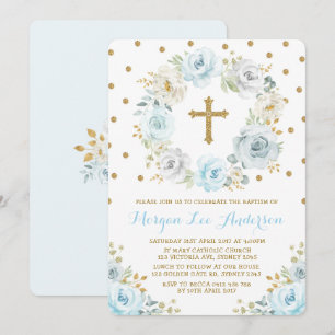 Soft Dusty Blue Guld Blommigt Baptism Christening Inbjudningar
