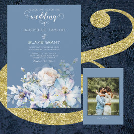 Soft Dusty Blue Ivory Blommigt Photo Bröllop Inbjudningar