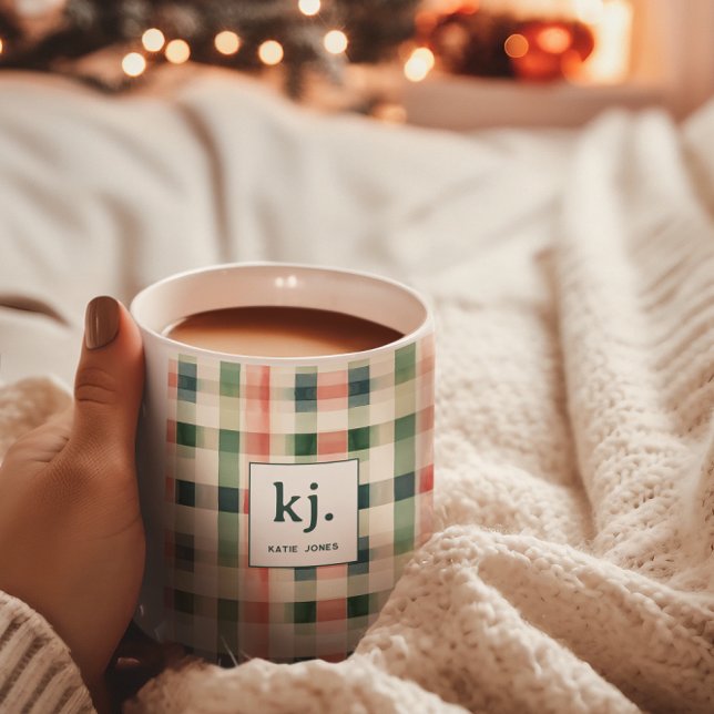 Soft Evergreen Gingham Monogram Kaffemugg (Skapare uppladdad)