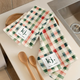 Soft Evergreen Gingham Monogram Kitchen Towel Kökshandduk