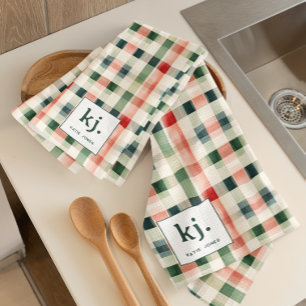 Soft Evergreen Gingham Monogram Kitchen Towel Kökshandduk