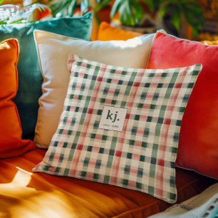 Soft Evergreen Gingham Monogram Kudde