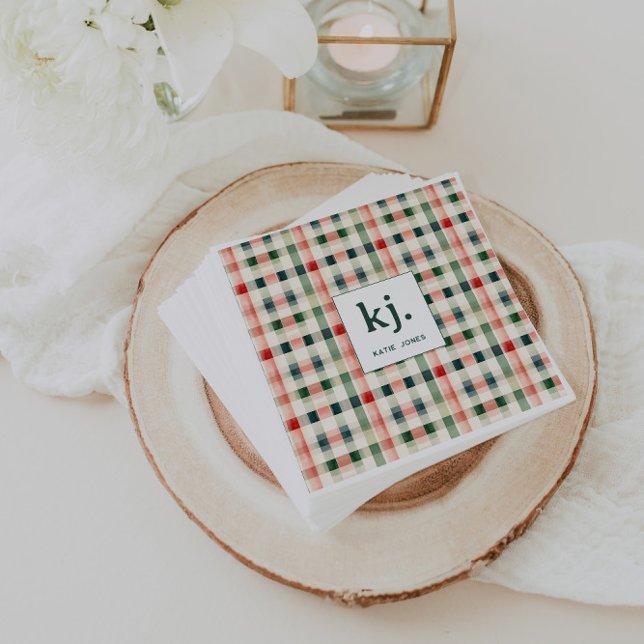 Soft Evergreen Gingham Monogram Pappersservett (Skapare uppladdad)