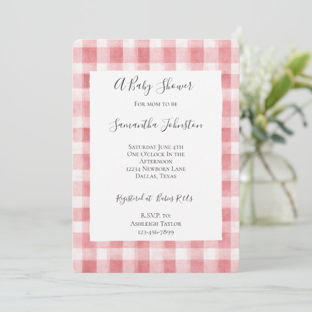 Soft Girly Pink White Plaid Stripes Baby Shower Inbjudningar (Stående Fram)