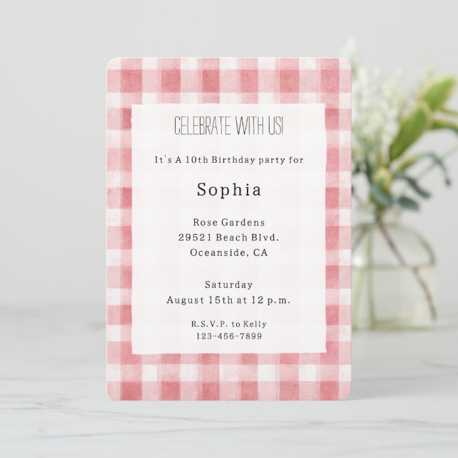 Soft Girly Pink White Plaid Stripes Birthday Inbjudningar (Stående Fram)