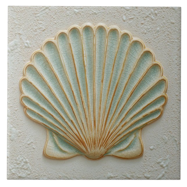 Soft Gold and Aqua Coastal Scallop Shell Kakelplatta (Framsidan)