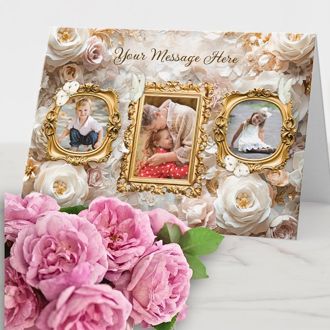 Soft Gold Baroque Floral Photo Frames Collage Helgkort (Skapare uppladdad)