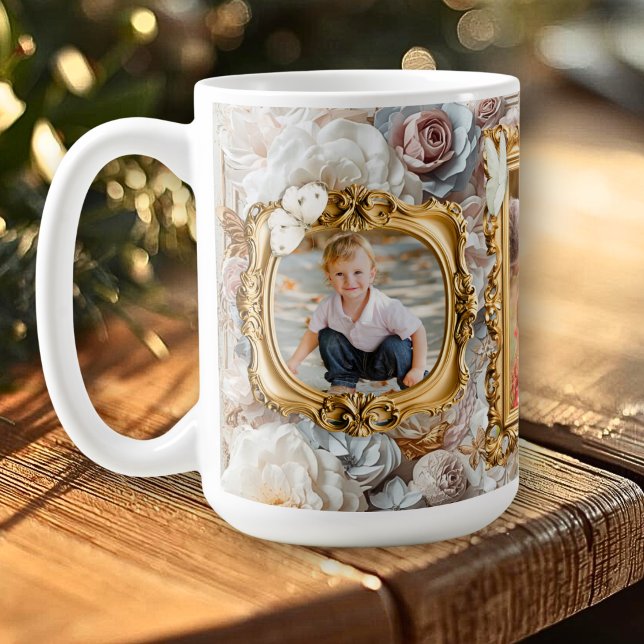 Soft Gold Baroque Floral Photo Frames Collage Kaffemugg (Skapare uppladdad)