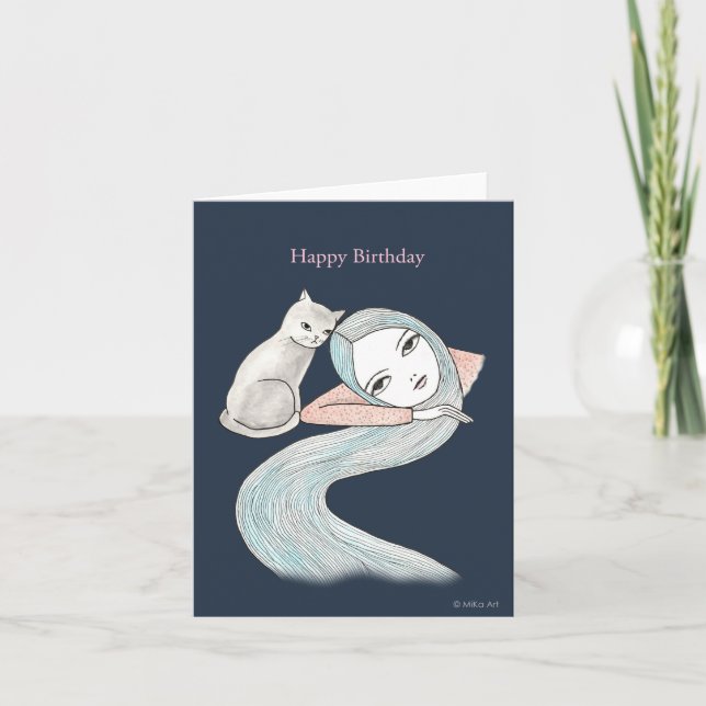 Soft Goth Witchy Birthday Long Hair Girl and a Cat Kort (Framsida)