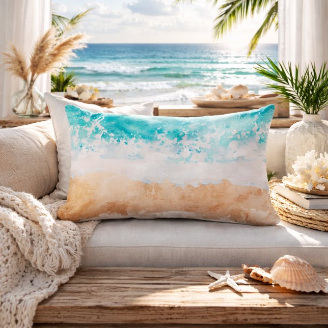 Soft Gradient Coastal Sandy Beach Teal Ocean Waves Lumbarkudde (soft gradient sandy beach waves lumbar pillow)