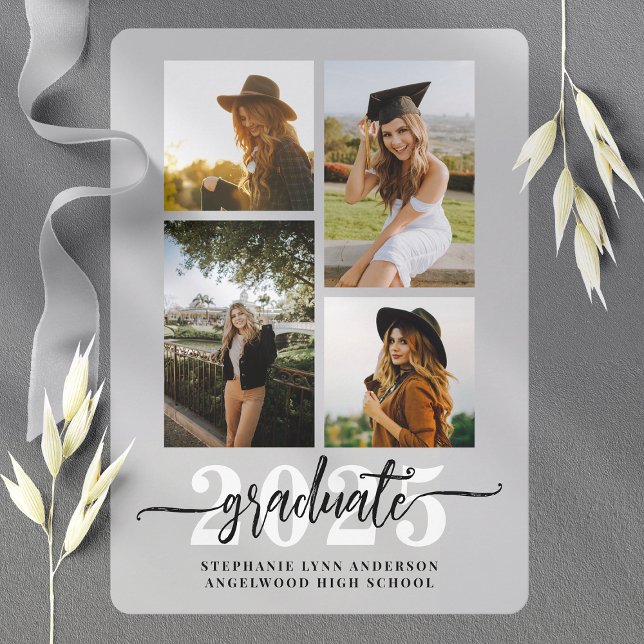 Soft Grått 4 Photo Collage Grad Announcement Inbjudningar (Skapare uppladdad)