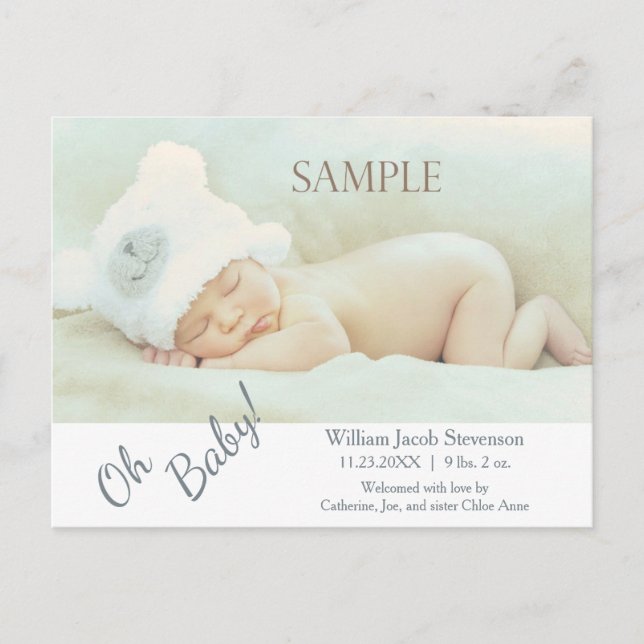 Soft Grått Oh Baby Modern Birth Notice Meddelande Vykort (Framsida)