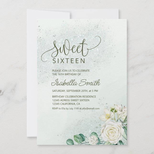 Soft Green & Blush Sweet 16 Invitation White Roses Inbjudningar (Framsida)